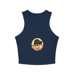  Black Cat Moon Racerback Tank Top in black color with a stylish moon and cat graphic