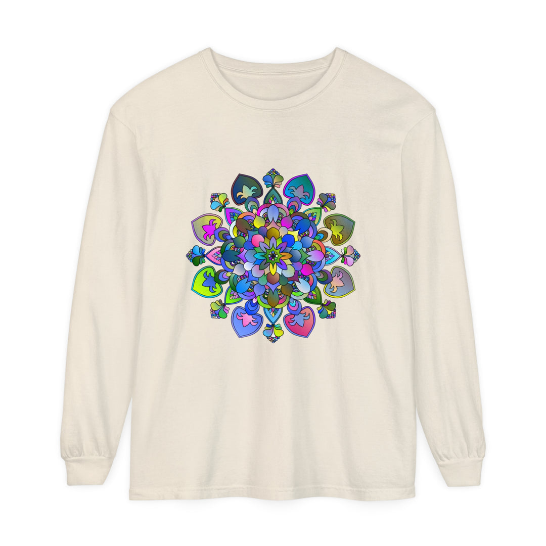 Vibrant Mandala Long Sleeve T-Shirt featuring colorful, intricate mandala design on soft, comfortable fabric