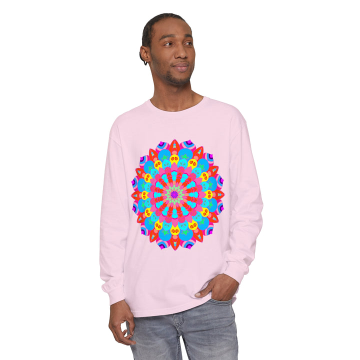 Vibrant and intricate mandala design on a unisex long sleeve t-shirt