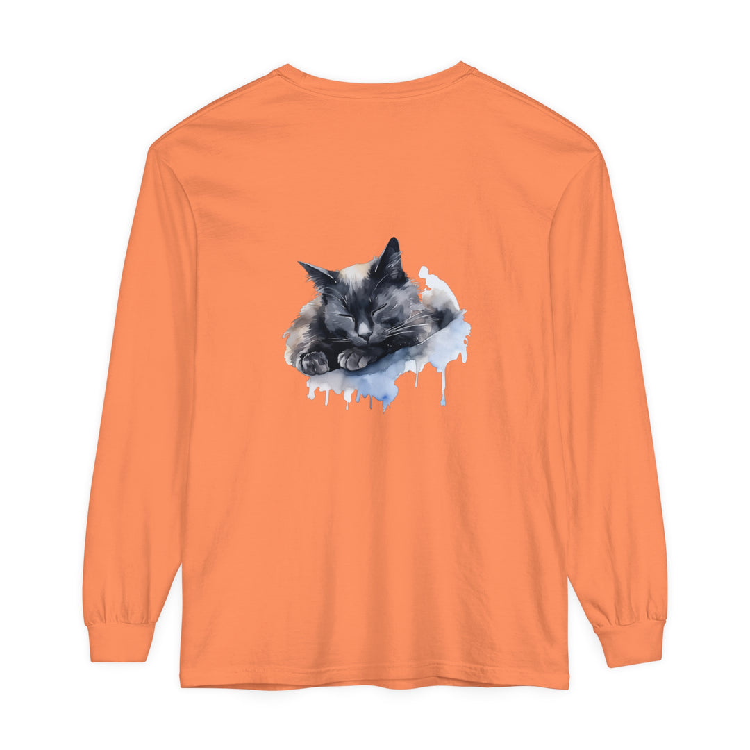 A watercolor illustration of a sleeping cat on a t-shirt