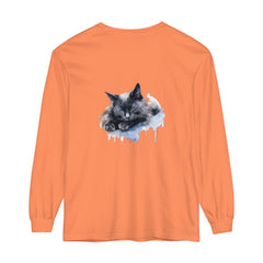 A watercolor illustration of a sleeping cat on a t-shirt