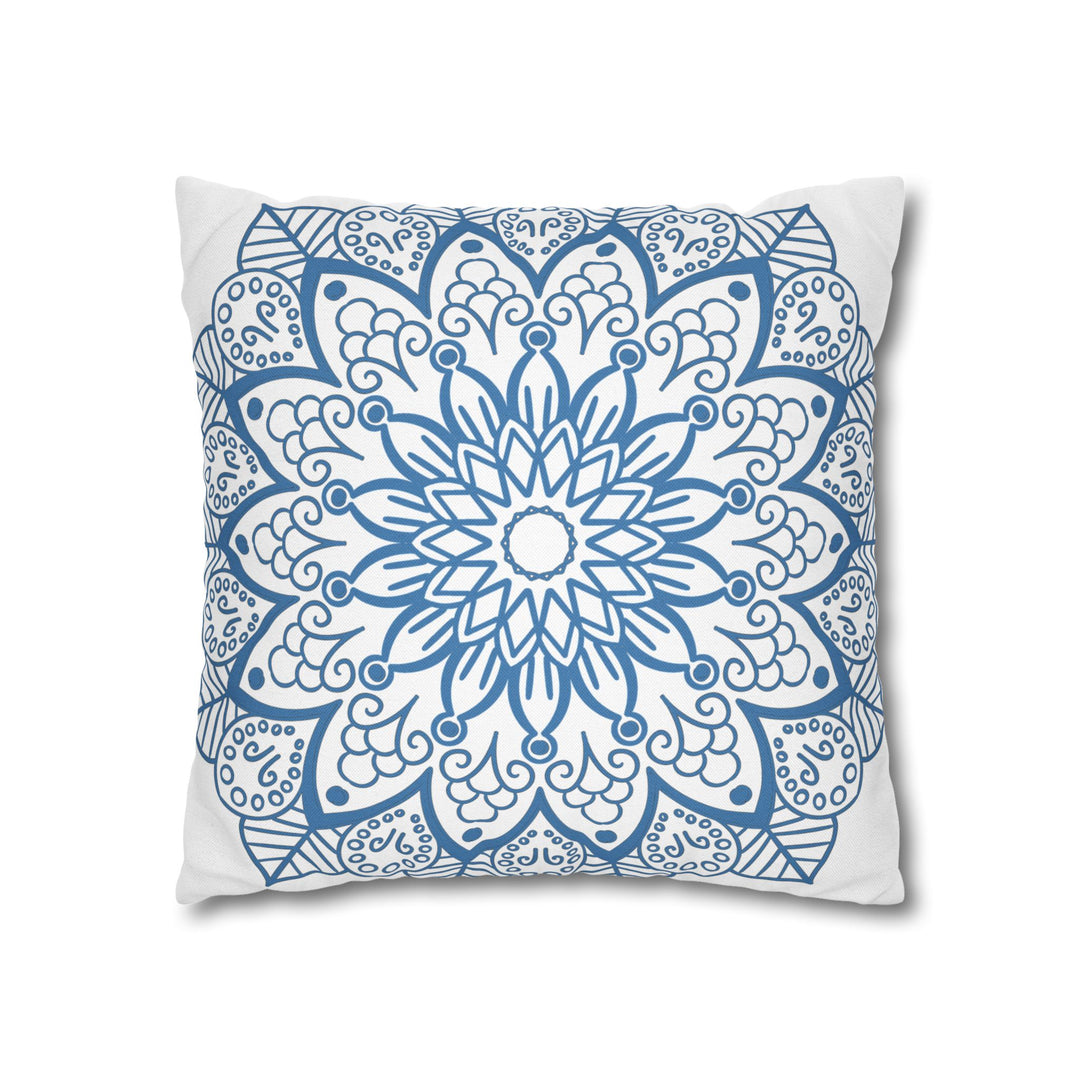 Elegant Spun Polyester Square Pillowcase with Mandala Art in Steel Blue on White, Hand-drawn and Unique Home Decor Accessory