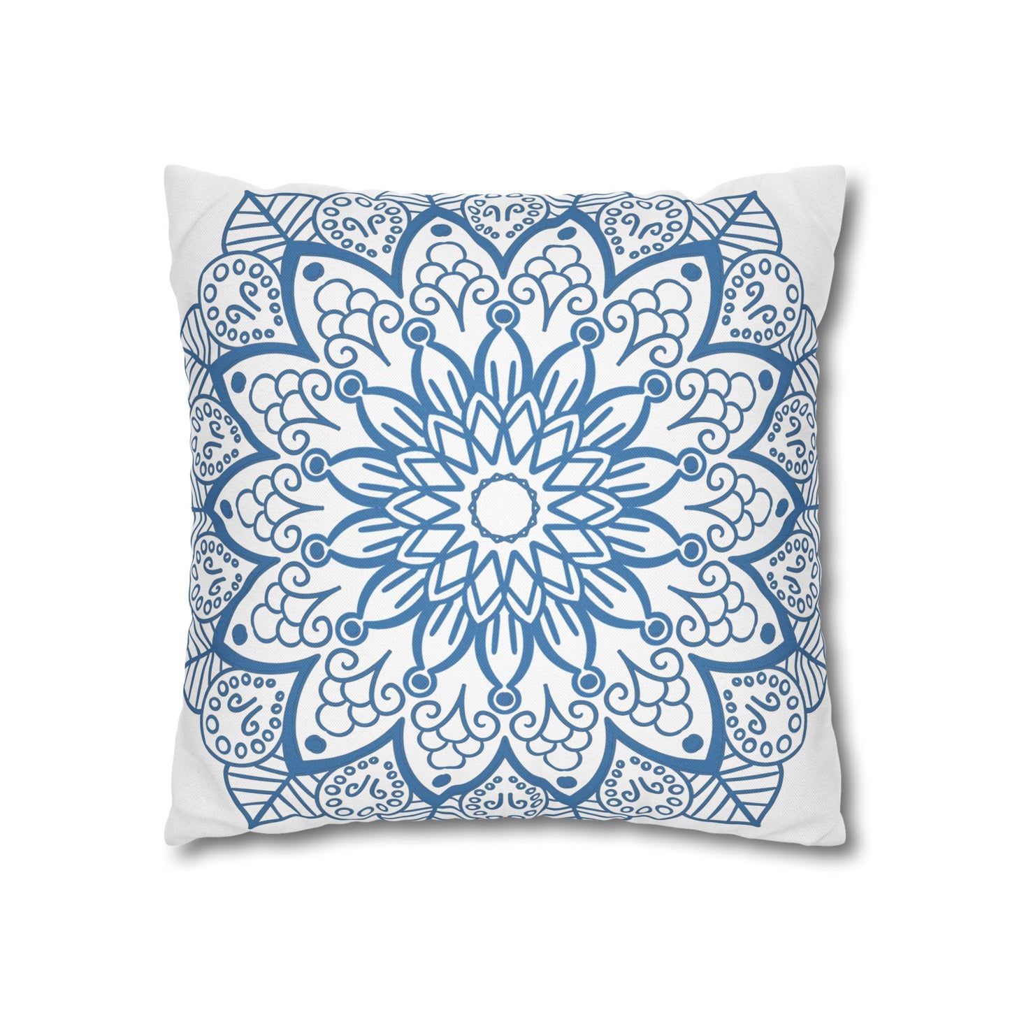 Elegant Spun Polyester Square Pillowcase with Mandala Art in Steel Blue on White, Hand-drawn and Unique Home Decor Accessory