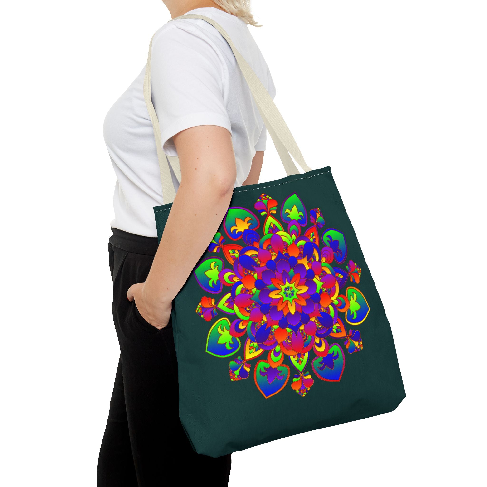 Beautiful tote bag featuring a mystical nature-inspired mandala design in vibrant colors