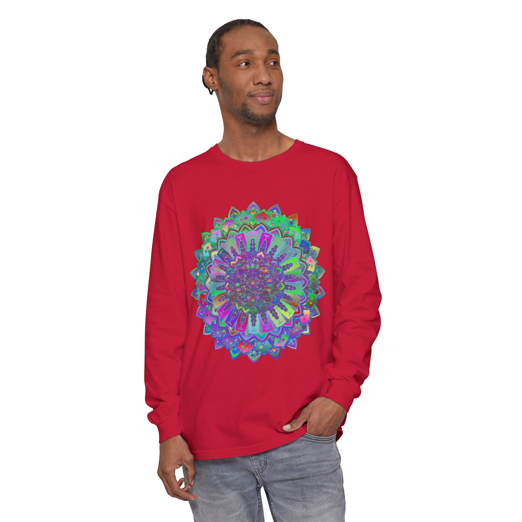 Colorful and intricate mandala design on a long sleeve t-shirt