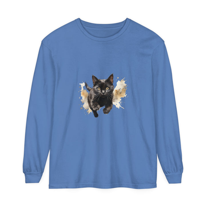 Black Cat Watercolor Sprint Unisex T-Shirt featuring a vibrant and detailed watercolor design of a sleek black cat sprinting across the shirt in shades of black, gray, and white