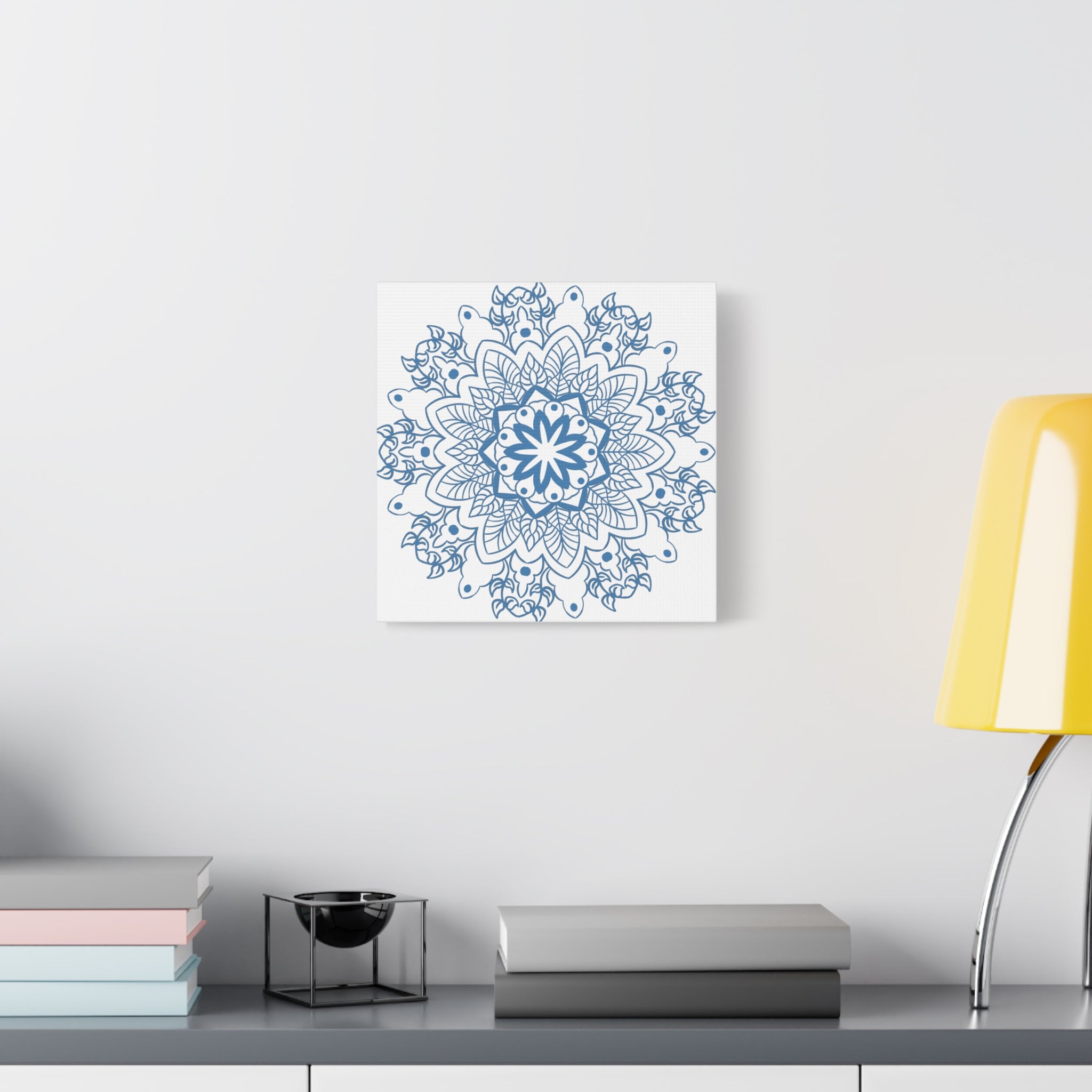 Handmade Mandala Art - Steel Blue Matte Canvas Wall Art with Mandala Design - Stretched and 125 Thick Frame