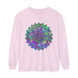 Colorful and intricate mandala design on a vibrant long sleeve t-shirt