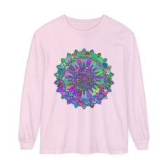 Colorful and intricate mandala design on a vibrant long sleeve t-shirt