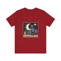 Sleepy Cat Moonlit Night T-Shirt featuring a peaceful feline under a starry sky