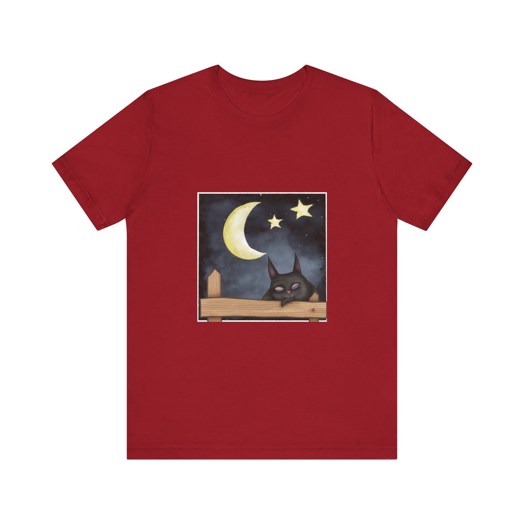 Sleepy Cat Moonlit Night T-Shirt featuring a peaceful feline under a starry sky