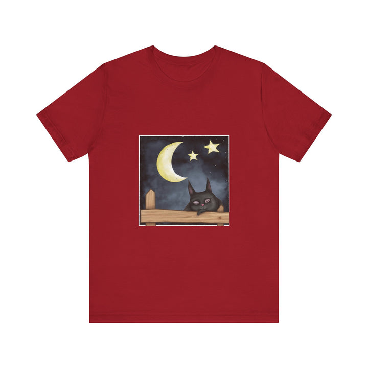 Sleepy Cat Moonlit Night T-Shirt featuring a peaceful feline under a starry sky