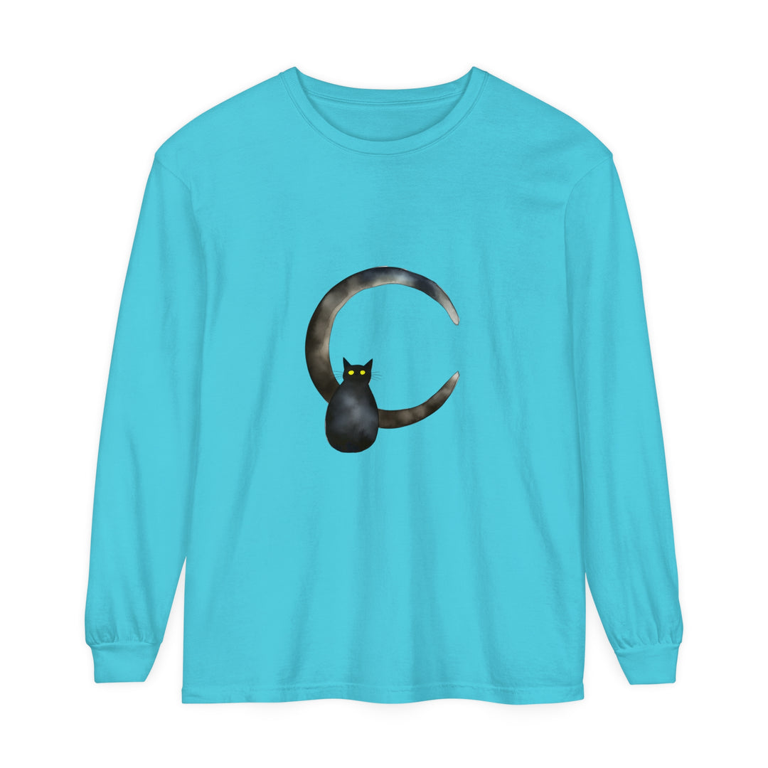 Black Cat Crescent Moon T-Shirt featuring a mystical feline design on a comfortable black tee