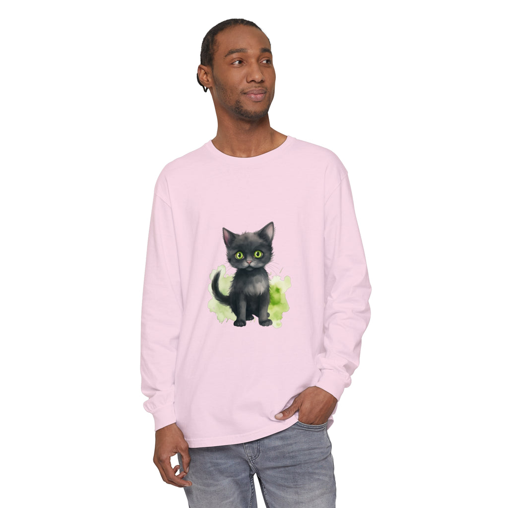 Black Cat Watercolor Long Sleeve T-Shirt featuring a beautiful watercolor design of a black cat on a comfortable long sleeve shirt