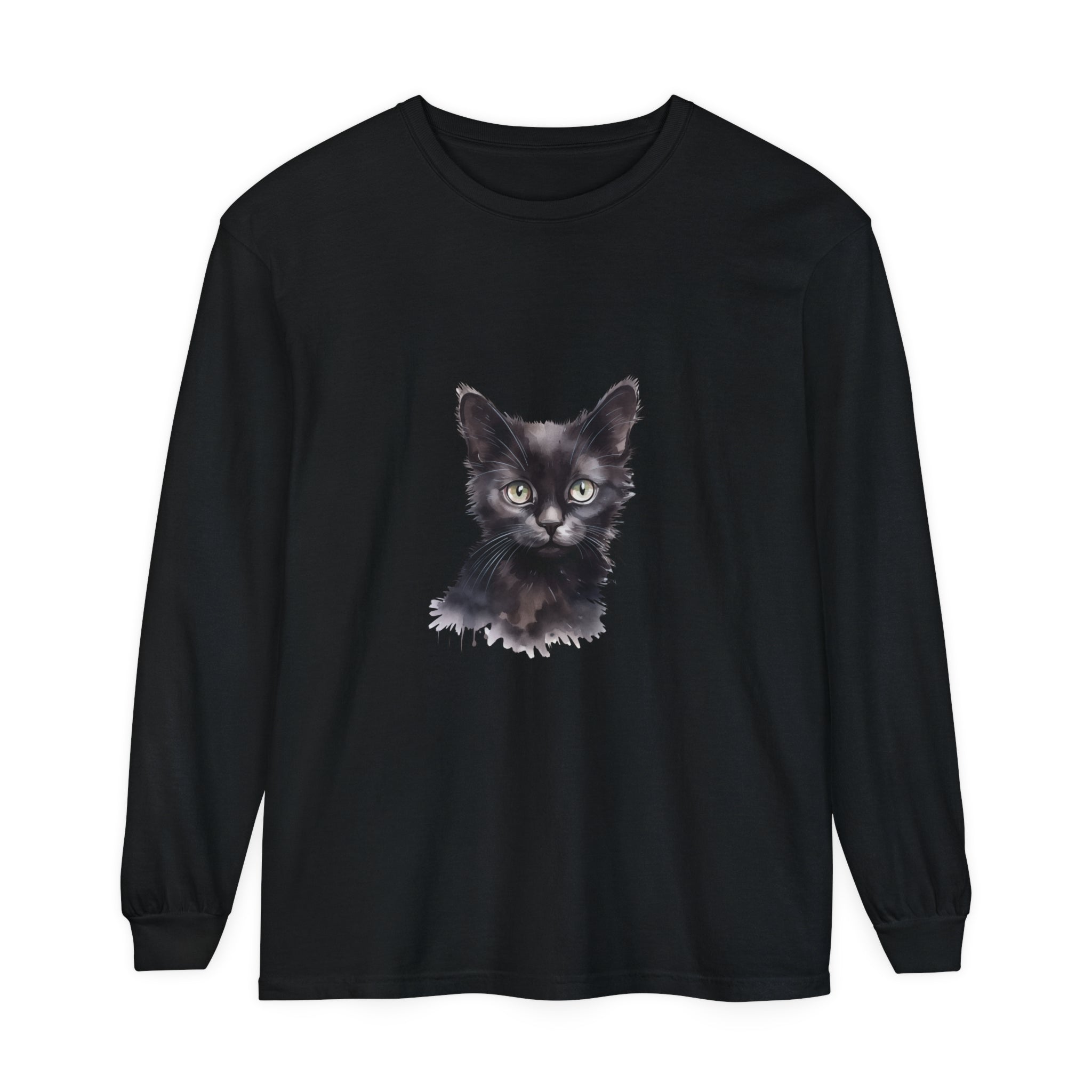 Black Cat Watercolor Long Sleeve T-Shirt with vibrant watercolor cat design