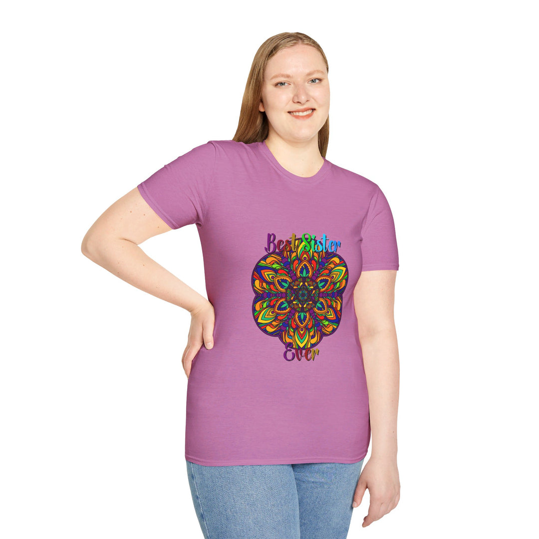 Softstyle t-shirt highlighting a mesmerizing hand-drawn mandala design for sister