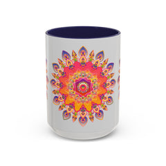 A beautiful mandala art mug featuring vibrant colors on a grey background