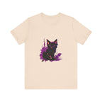 Schwarzes Katzenrätsel – Lila Farbspritzer-T-Shirt