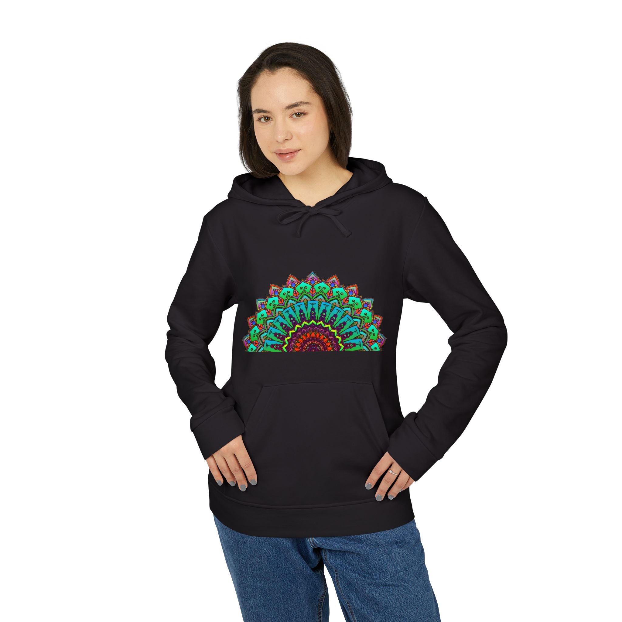 Colorful Neon Mandala Adidas Fleece Hoodie with Hood and Logo