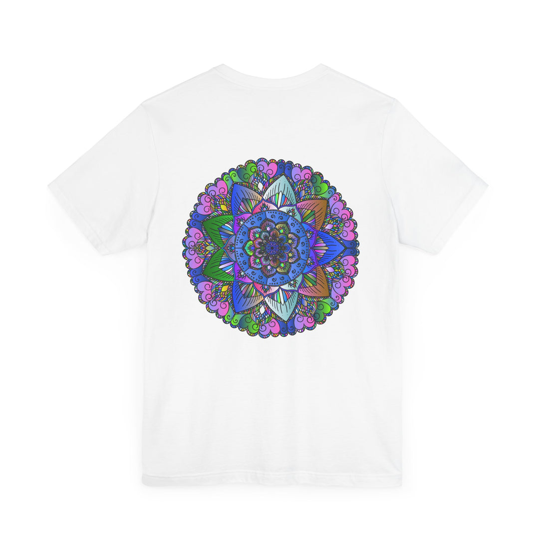 Colorful and intricate mandala design on a t-shirt promoting spiritual peace and positivity