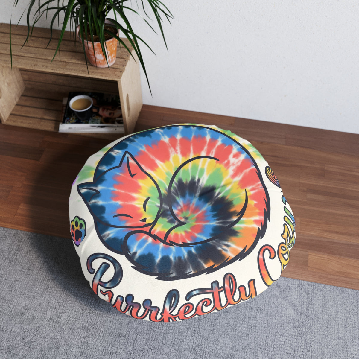 Purrfectly Cozy Cat Floor Pillow — Tie-Dye Round Cushion