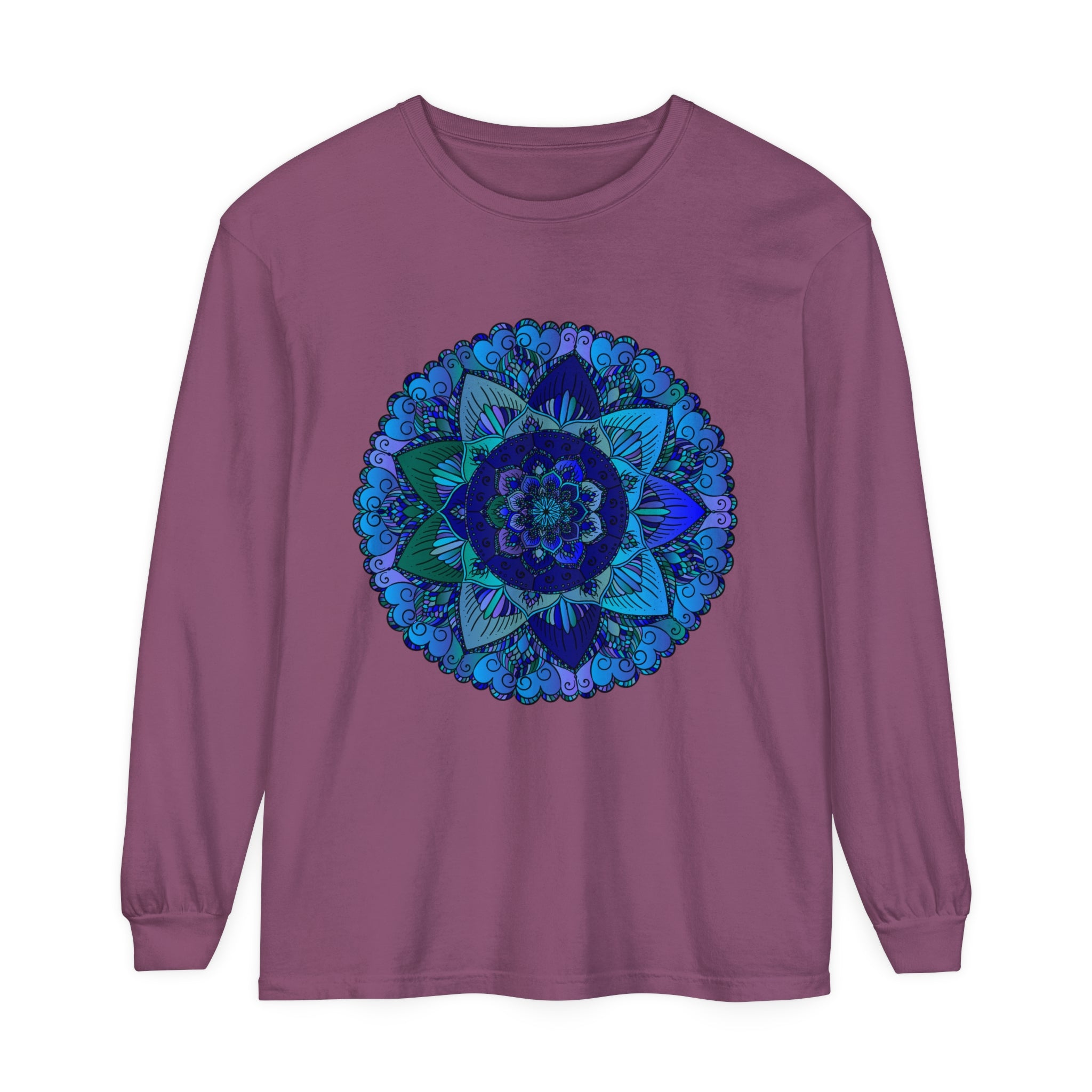 Dark Blue & Green Mandala Long Sleeve T-Shirt, an intricately designed garment