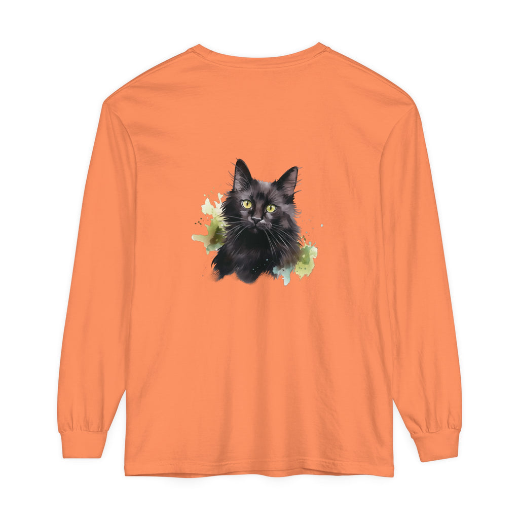 Black Cat Watercolor Splash Long Sleeve T-Shirt with vibrant colors and stylish design