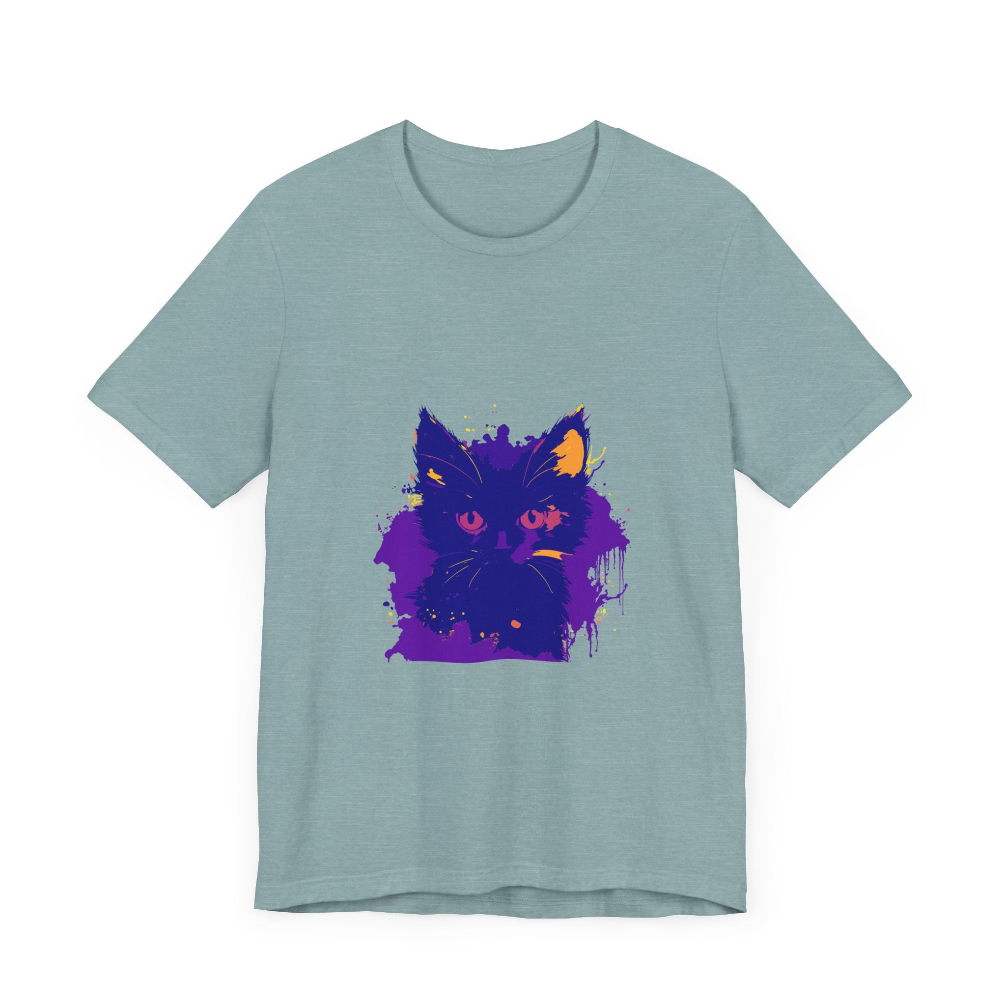 Whimsical Blue & Pink Cat T-Shirt featuring a playful feline design