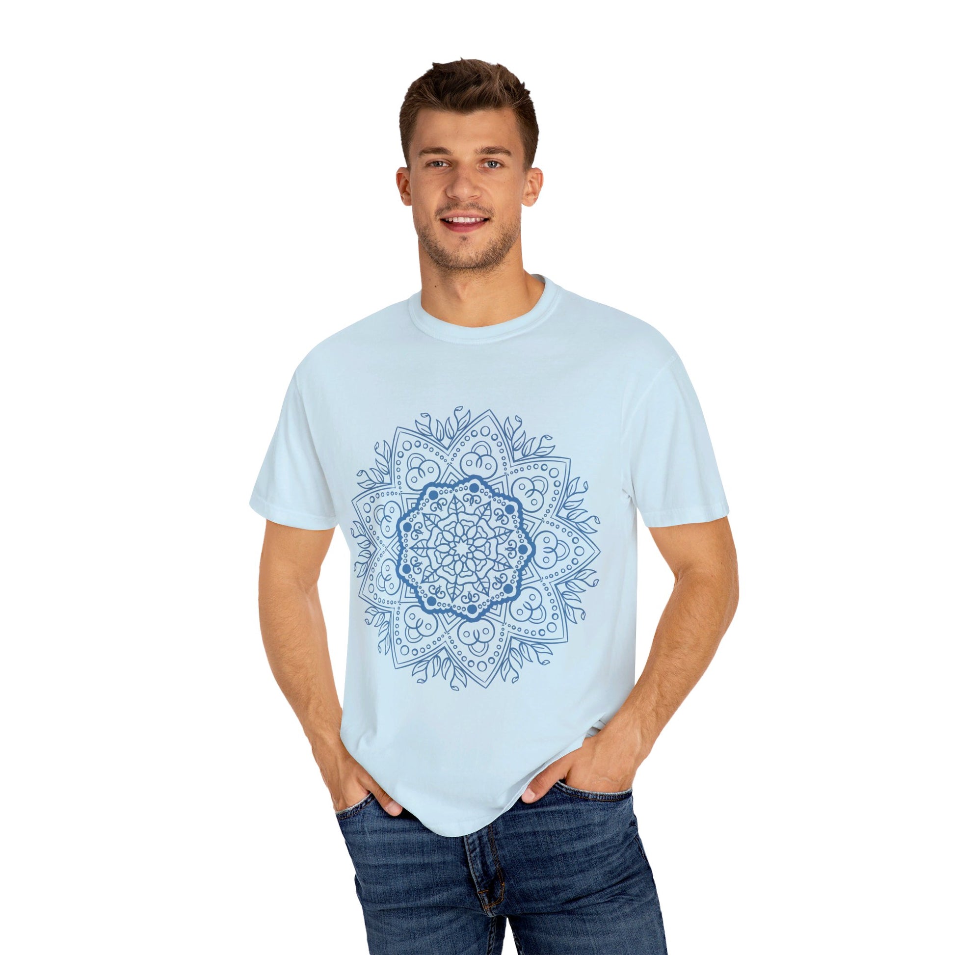 A unisex garment-dyed t-shirt featuring a handmade mandala design