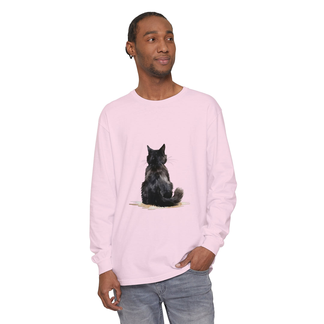 Black Cat Watercolor - Unisex Long Sleeve T-Shirt featuring a stylish, vibrant watercolor design of a black cat on a comfortable long sleeve shirt