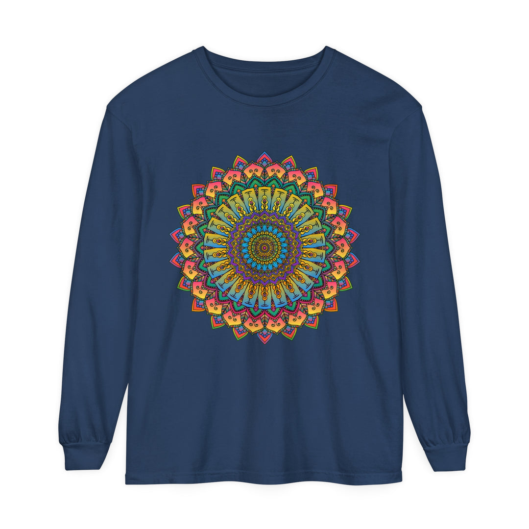 Intricate Mandala Unisex Long Sleeve T-Shirt featuring detailed mandala design in vibrant colors on comfortable cotton fabric