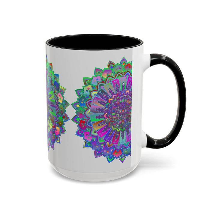 Colorful mandala art mug with intricate and vibrant designs in shades of purple and pink