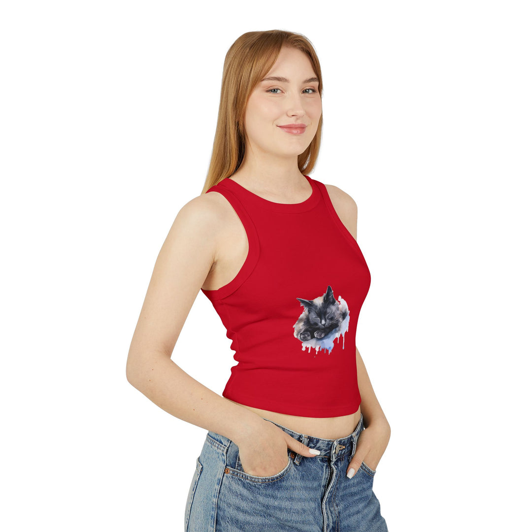 Adorable racerback tank top featuring a sleeping cat design, perfect for cozy and cute lounging