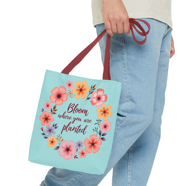 Floral Tote Bag featuring the quote 'Bloom Where You Are Planted' available in 3 sizes