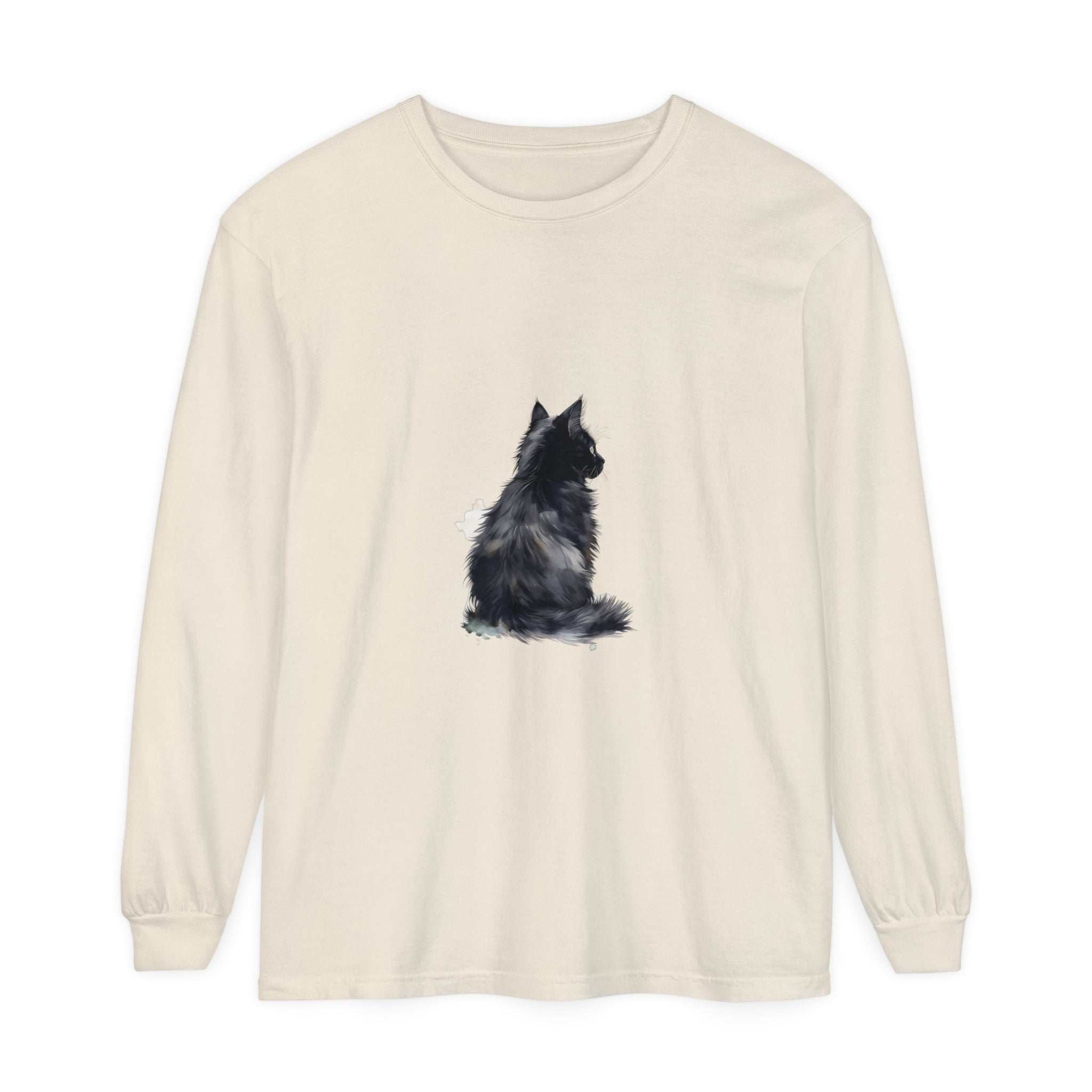 Black and white watercolor cat design on a long sleeve t-shirt