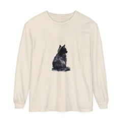 Black and white watercolor cat design on a long sleeve t-shirt