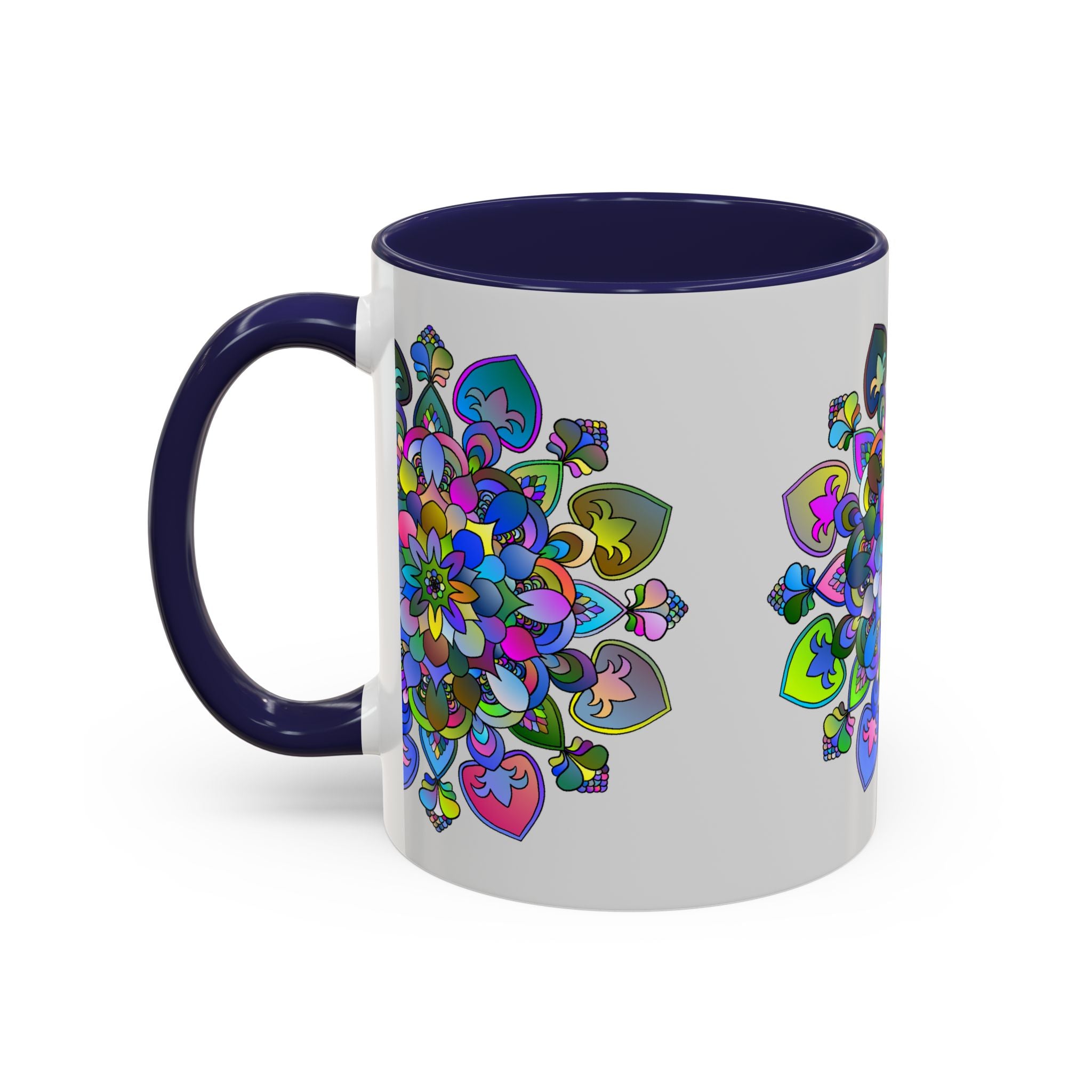 Colorful and vibrant floral mandala design on grey coffee cup