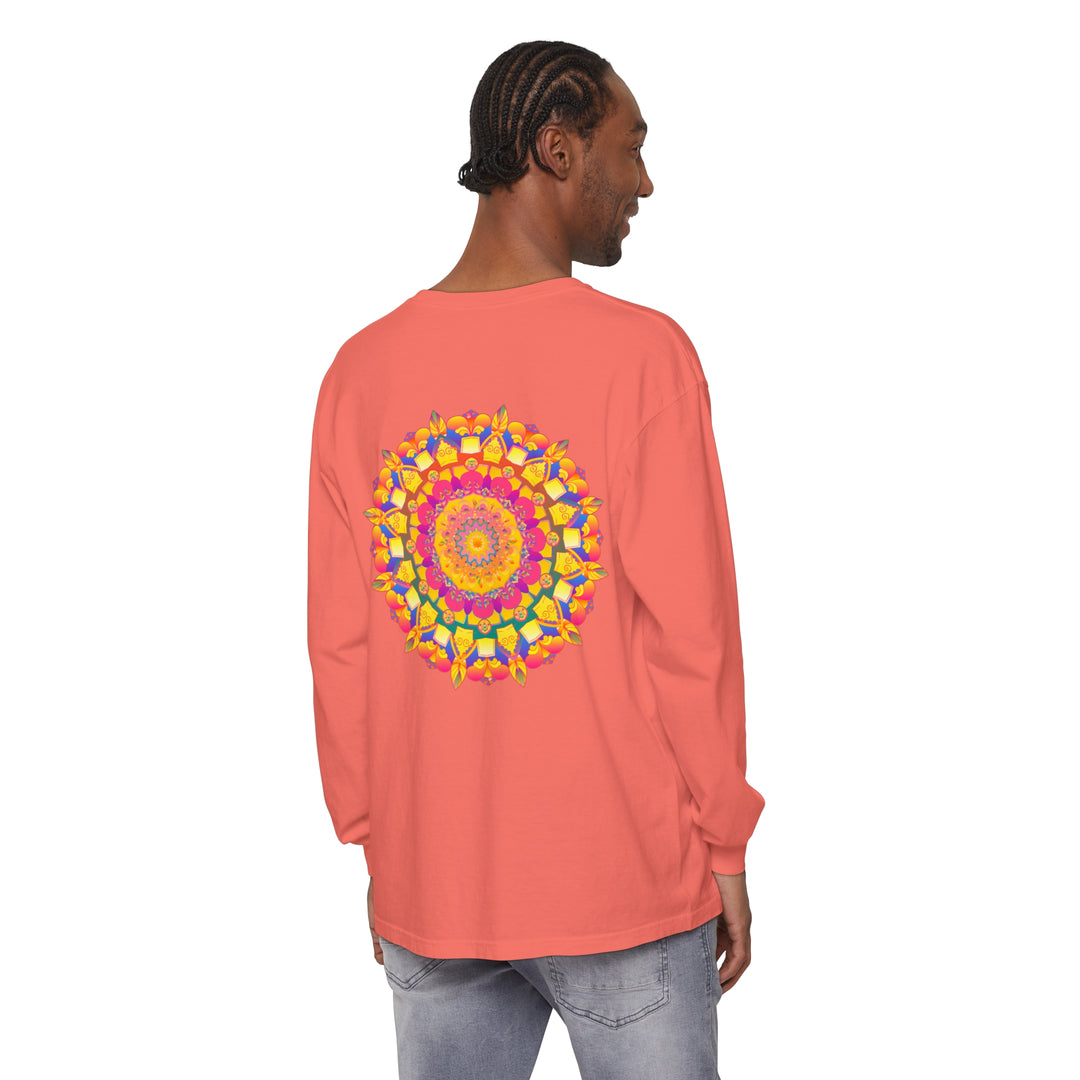 Vibrant and intricate long sleeve t-shirt with colorful psychedelic mandala design