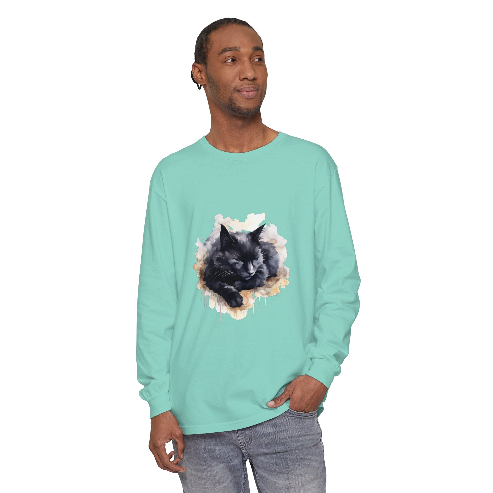 A watercolor illustration of a sleeping black cat on a t-shirt