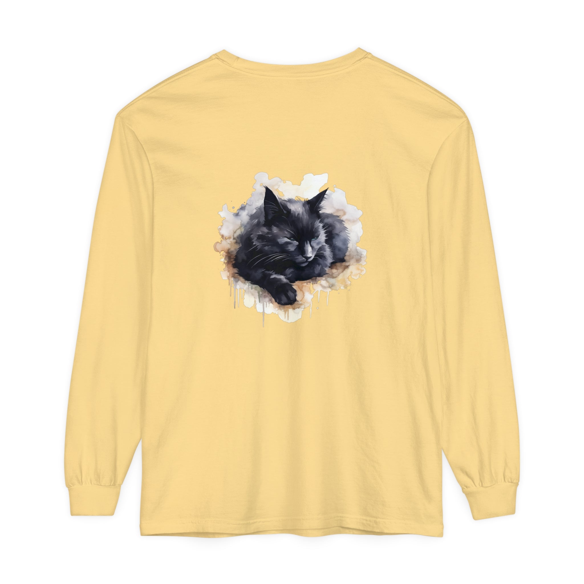 A beautiful watercolor illustration of a black cat sleeping on a t-shirt