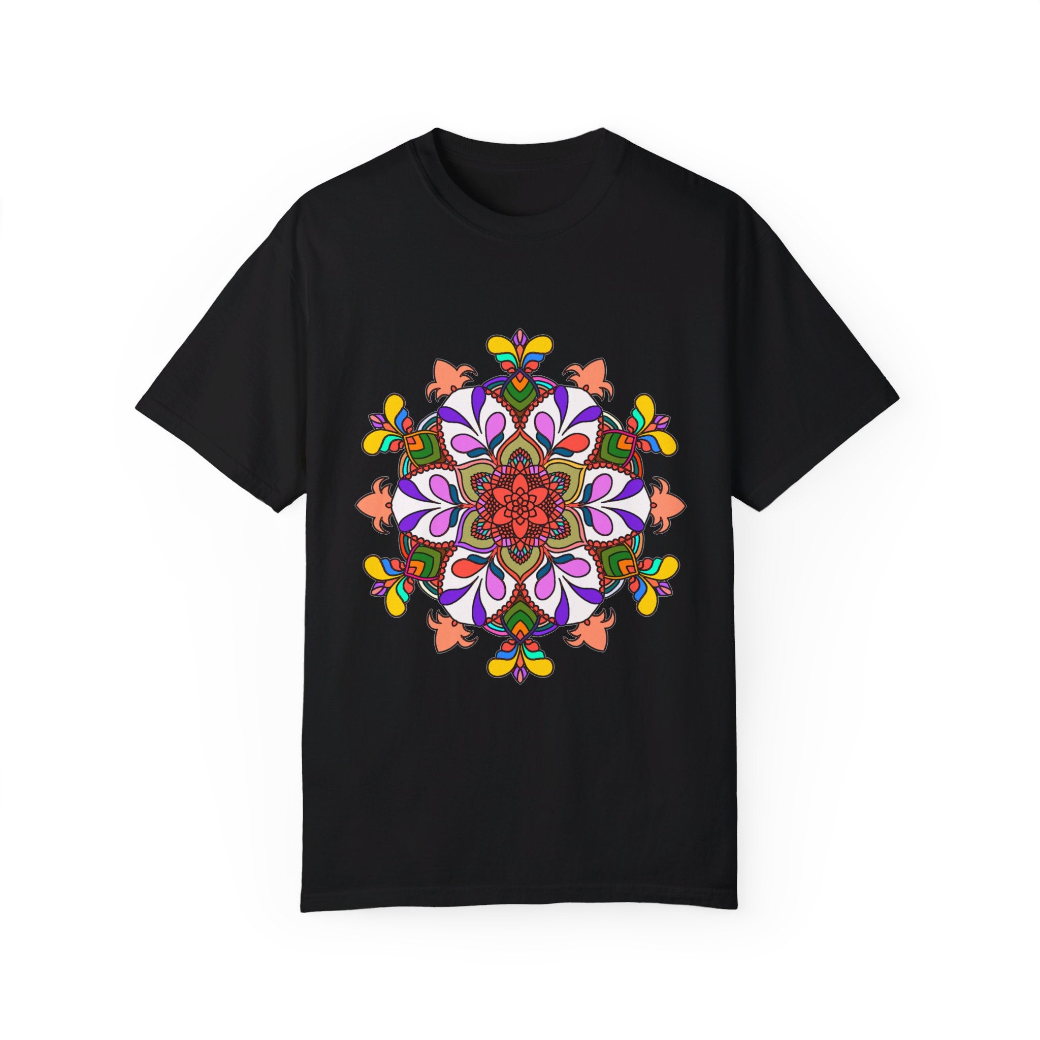 Unisex Mandala T-Shirt made from 100% Ring-Spun Cotton and hand-drawn Mandala art design, garment-dyed for extra comfort