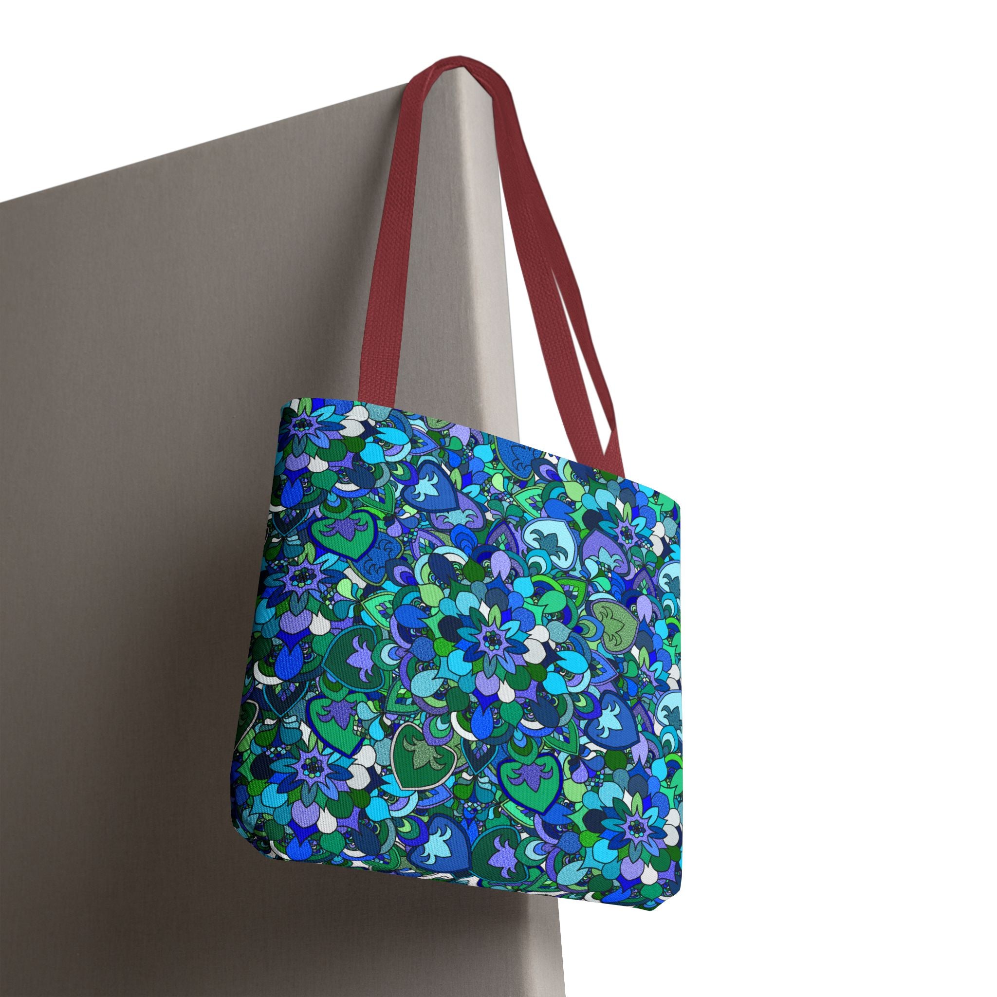 Borsa tote con stampa mandala floreale blu-verde — Shopper con stampa integrale vivace