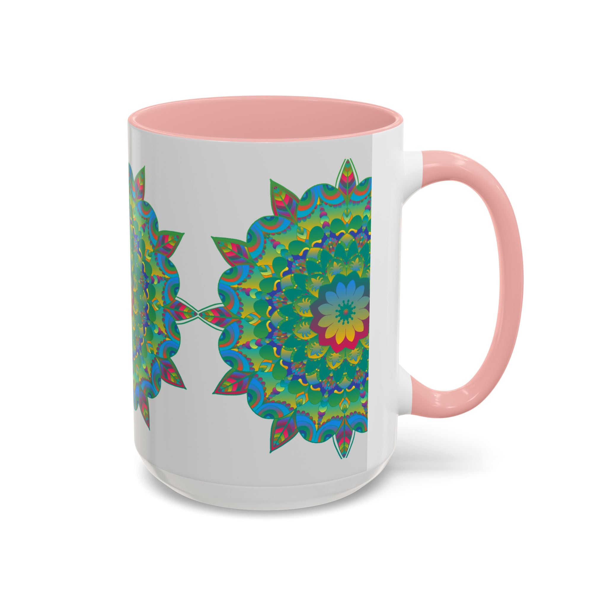 Beautiful ceramic mug with a vibrant mandala-inspired floral design in multiple colors