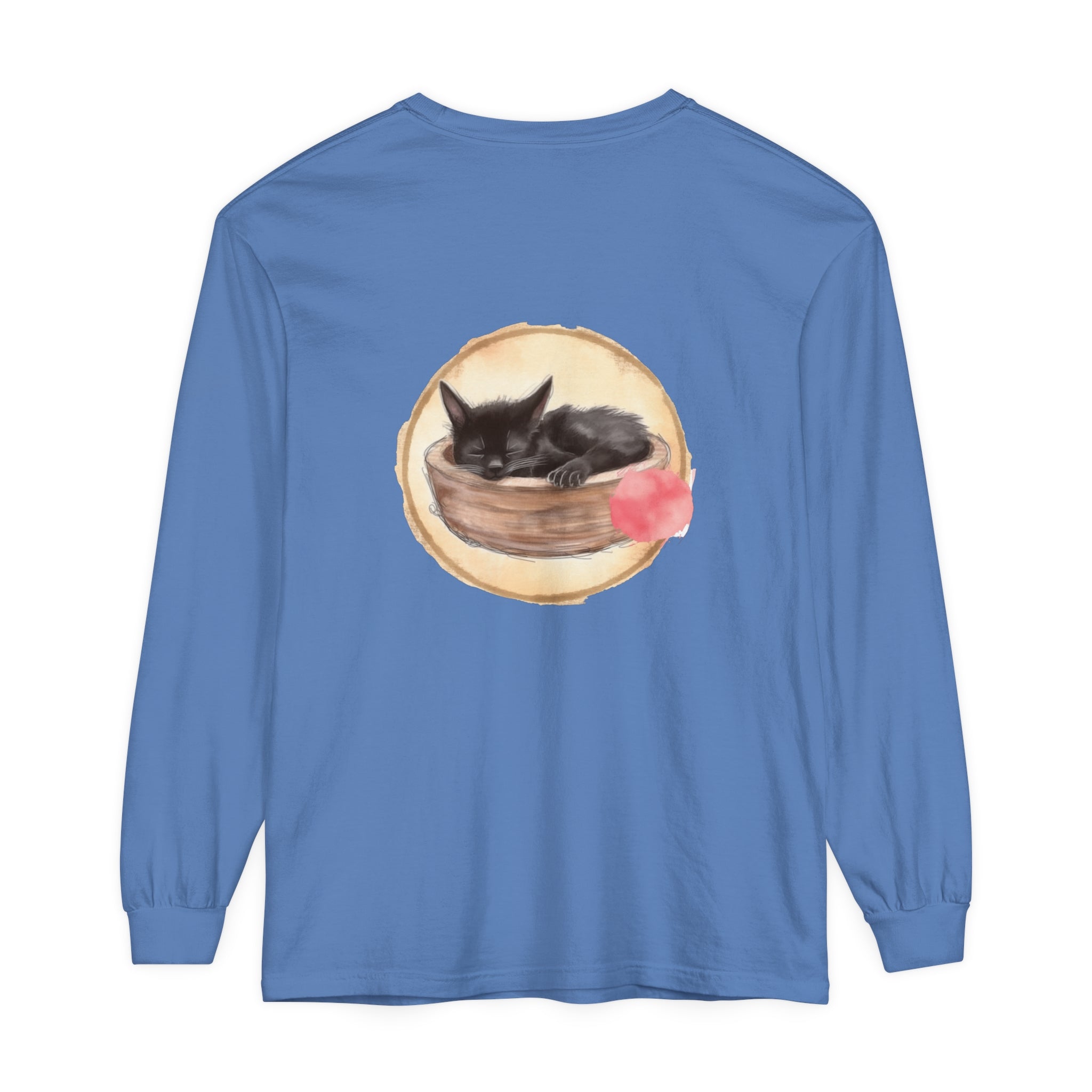 A watercolor illustration of a cute cat sleeping in a bowl on a long sleeve t-shirt