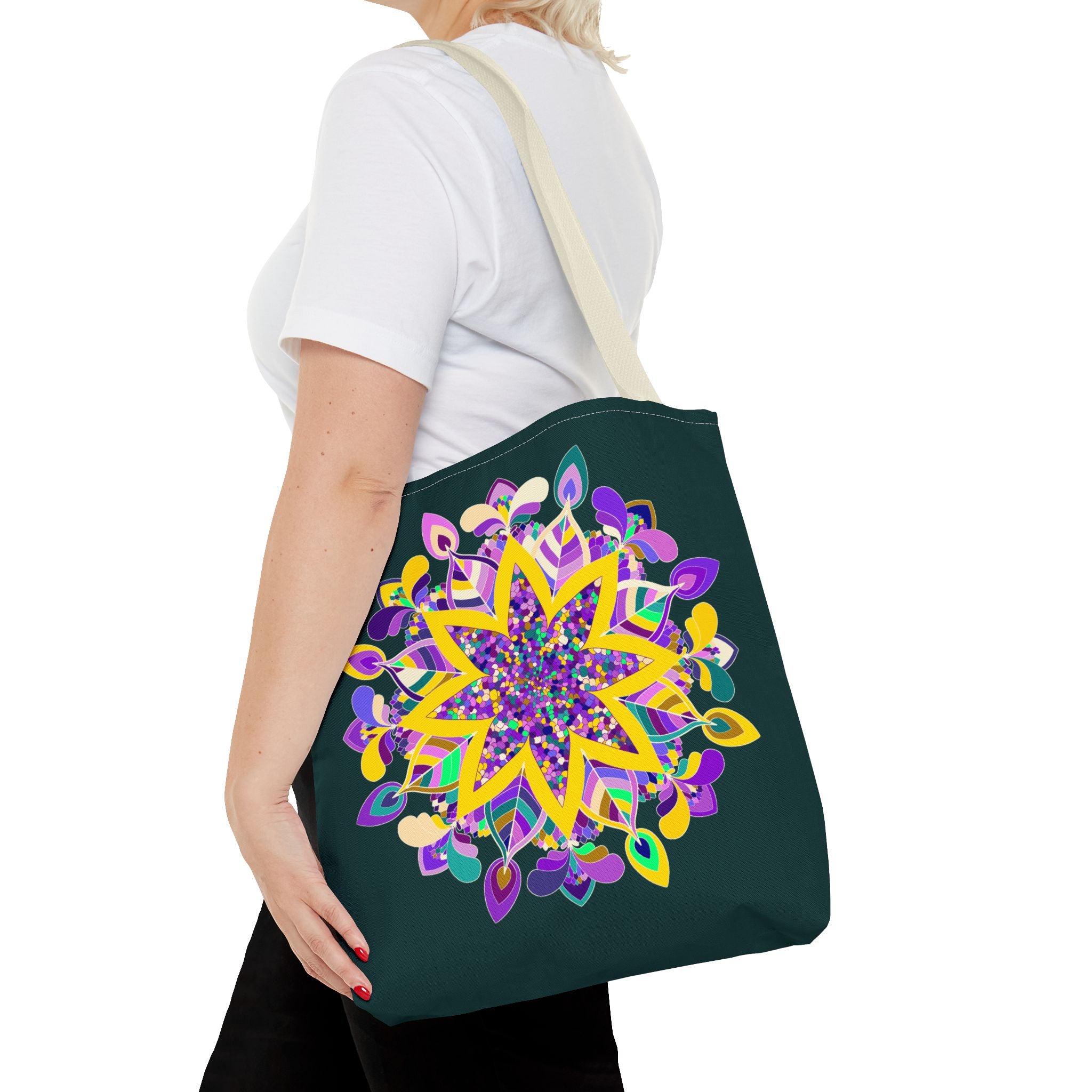 Dark green tote bag with colorful mandala design, perfect for zen girls, from Blululi