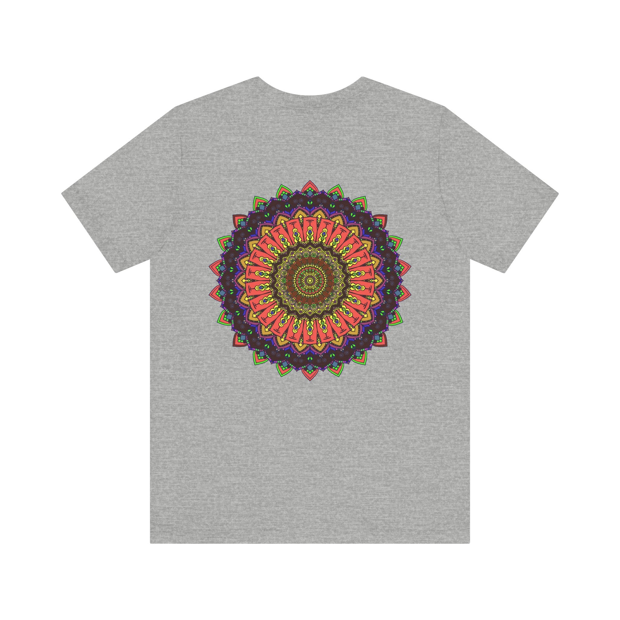 Vibrant mandala tee with intricate design symbolizing spiritual balance and peace