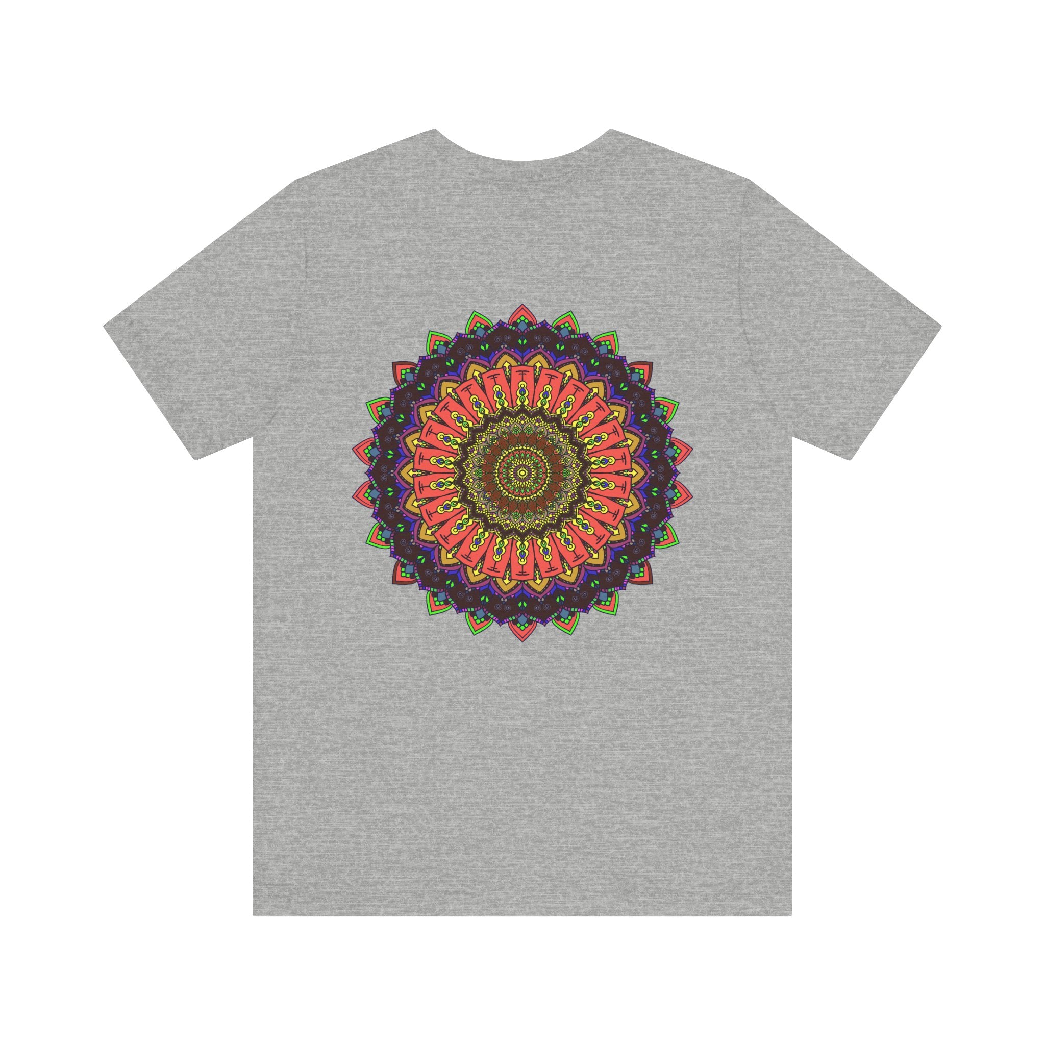 Vibrant mandala tee with intricate design symbolizing spiritual balance and peace