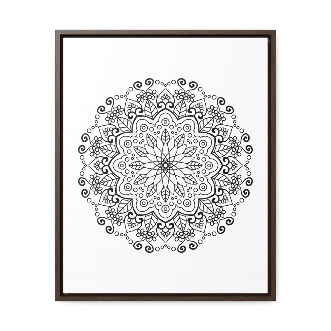 Handcrafted black and white mandala art on gallery canvas wraps, displayed in a vertical frame for elegant wall decor