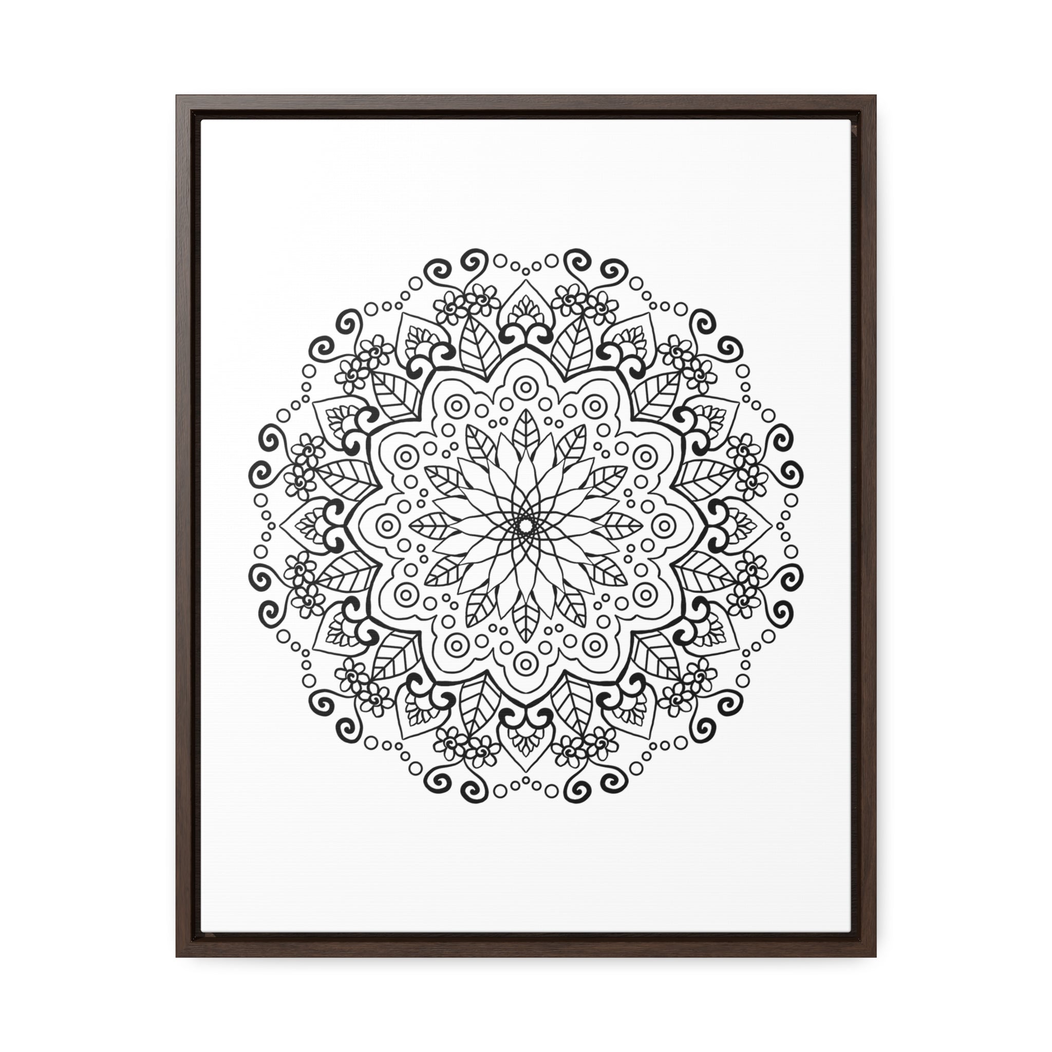 Handcrafted black and white mandala art on gallery canvas wraps, displayed in a vertical frame for elegant wall decor