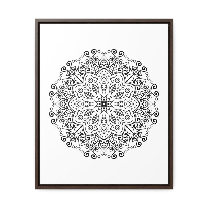 Handcrafted black and white mandala art on gallery canvas wraps, displayed in a vertical frame for elegant wall decor